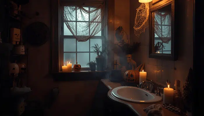Spooky Halloween bathroom with candles, jack-o’-lanterns, and cobwebs around a sink — perfect fall plumbing theme in an Atlanta home.