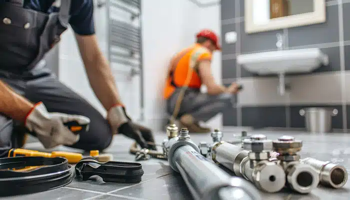 Plumbers Performing A Plumbing Inspection