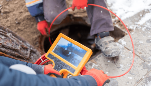 Technician performing sewer camera inspection using a high-resolution pipe inspection camera
